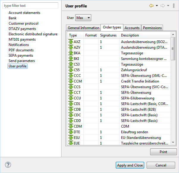 Figure: Display of order types in the user profile