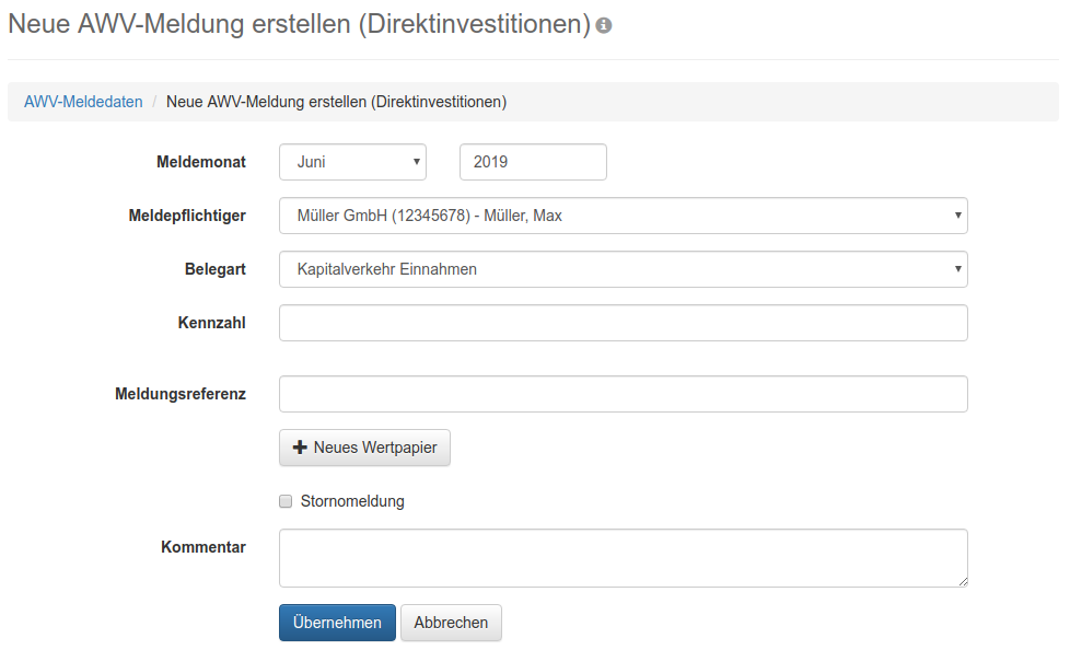 Formular zur Erfassung von Meldedaten für Direktinvestitionen