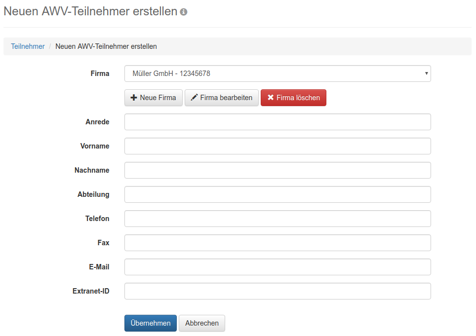 Formular zum Erstellen eines Teilnehmers