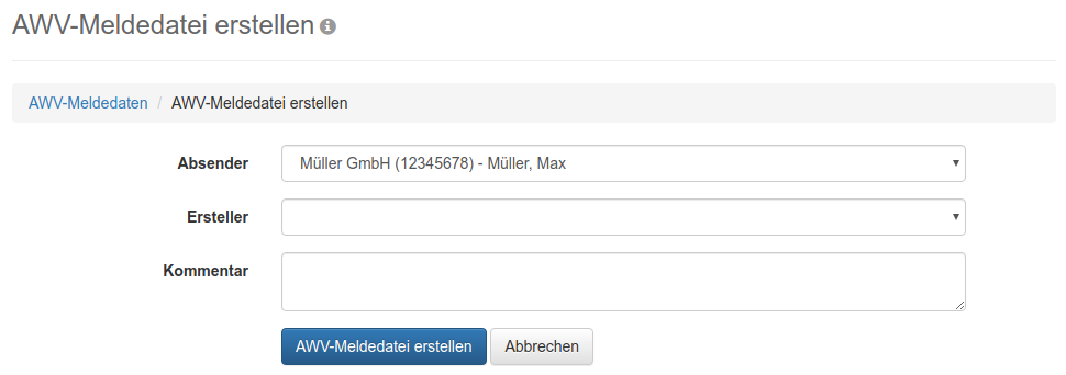Formular zum Erstellen einer Meldedatei