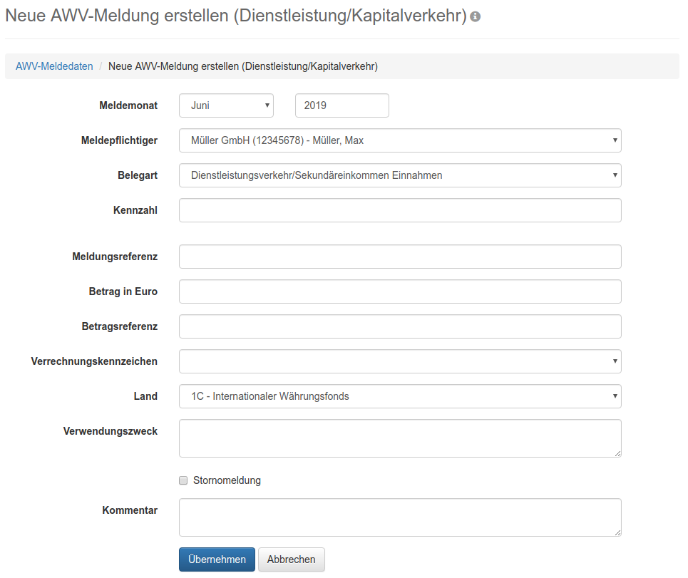 Formular zur Erfassung von Meldedaten für Dienstleistung/Kapitalverkehr
