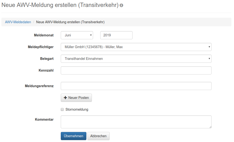 Formular zur Erfassung von Meldedaten für Transitverkehr