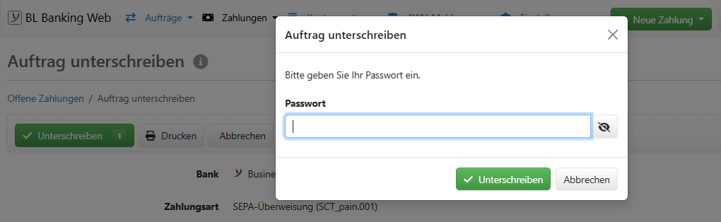 Eingabe eines Passworts in einem Dialogfenster
