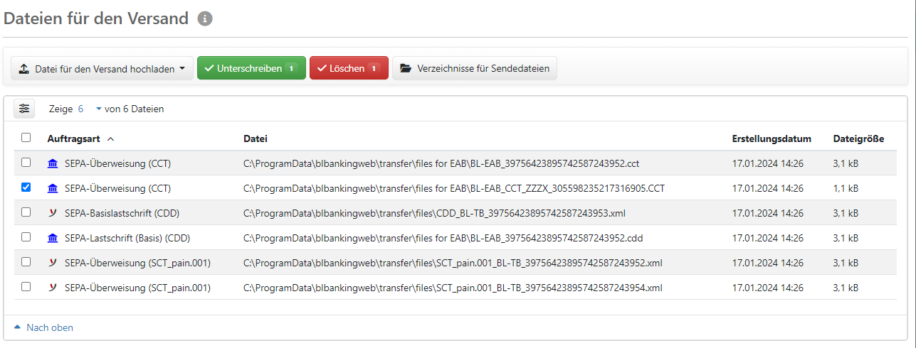Übersicht der Dateien für den Versand