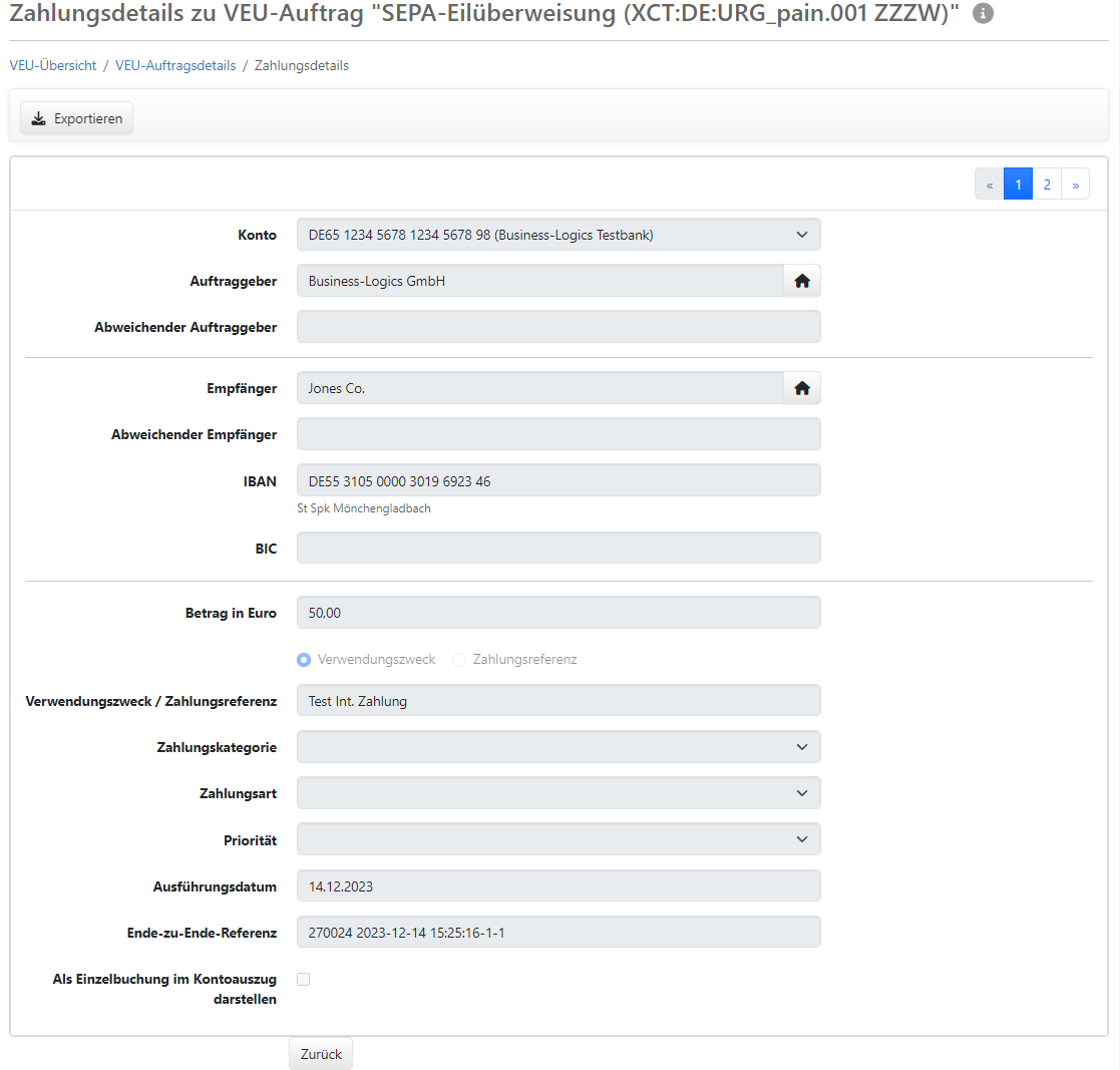 Anzeige der Zahlungsdetails eines Auftrags