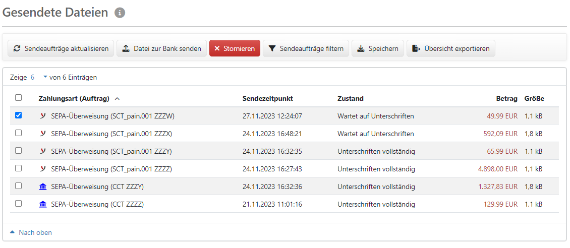 Übersicht der gesendeten Dateien