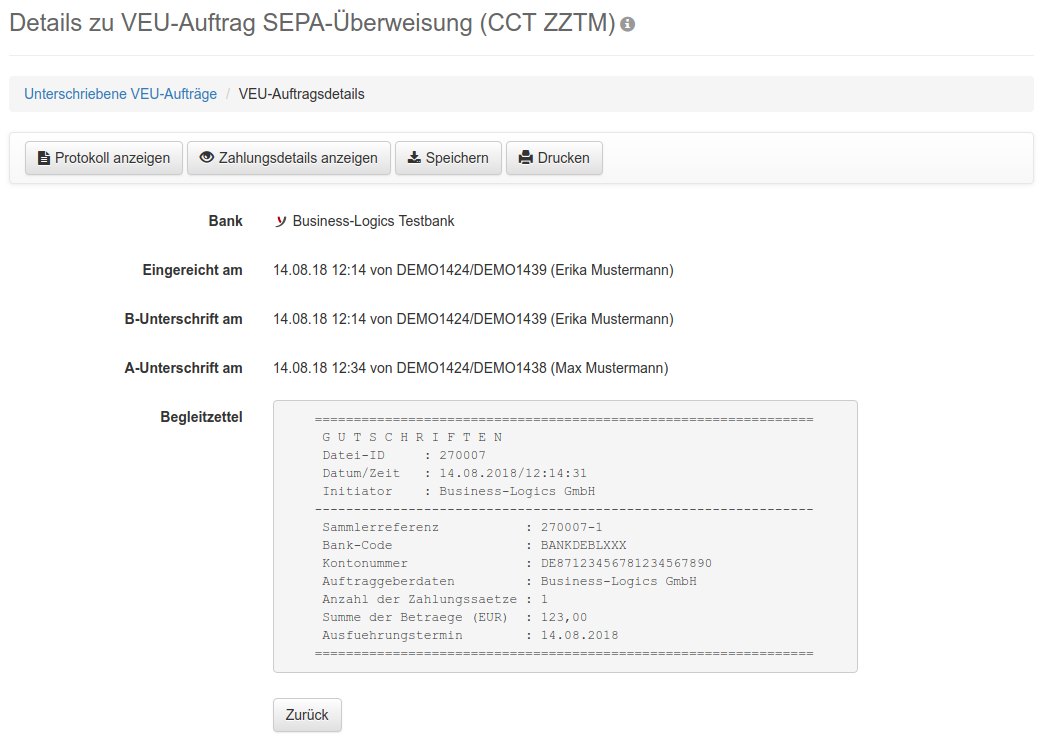 Details zu einem unterschriebenen VEU-Auftrag