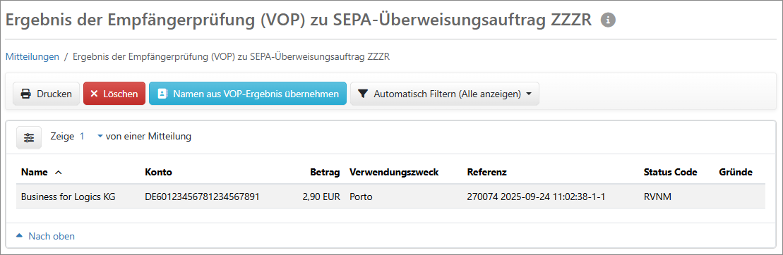Mitteilung über das Ergebnis der Empfängerprüfung (VOP)