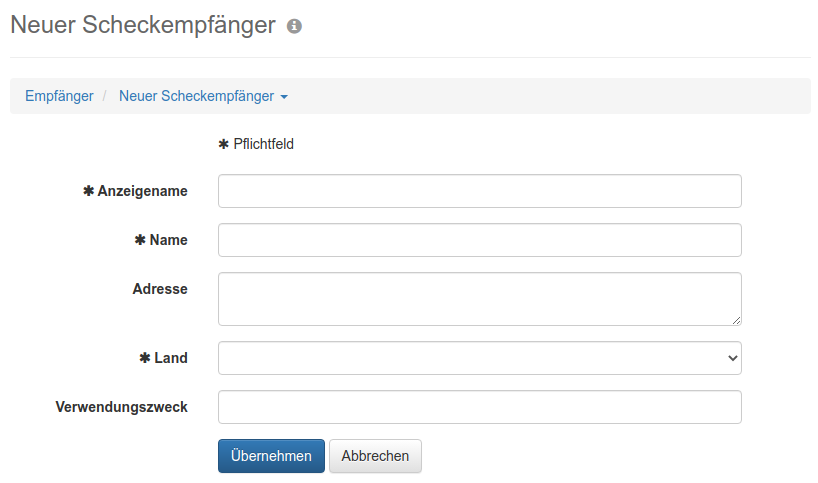 Formular für die Erfassung eines Empfängers für internationale XML-Scheckzahlungen