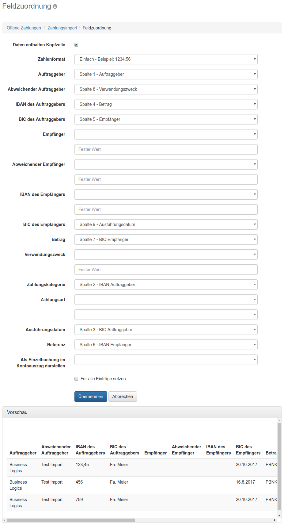 Formular zur Zuordnung von Spalten zu Feldern