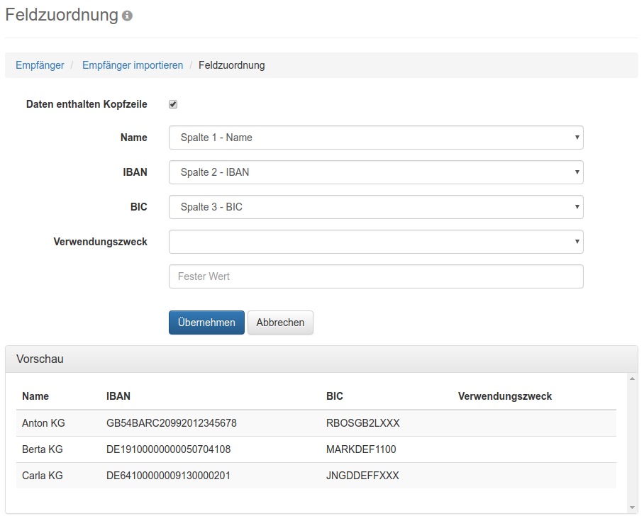 Formular zur Zuordnung von Spalten zu Feldern