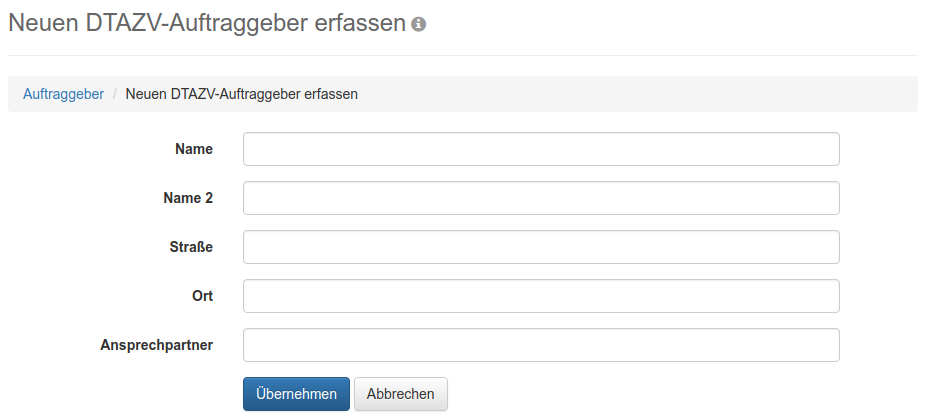 Formular zum Erfassen eines DTAZV-Auftraggebers