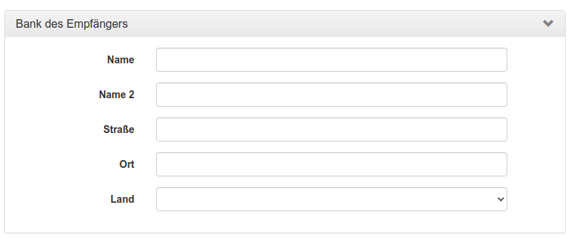 Formular zum Erfassen der Bank des Empfängers