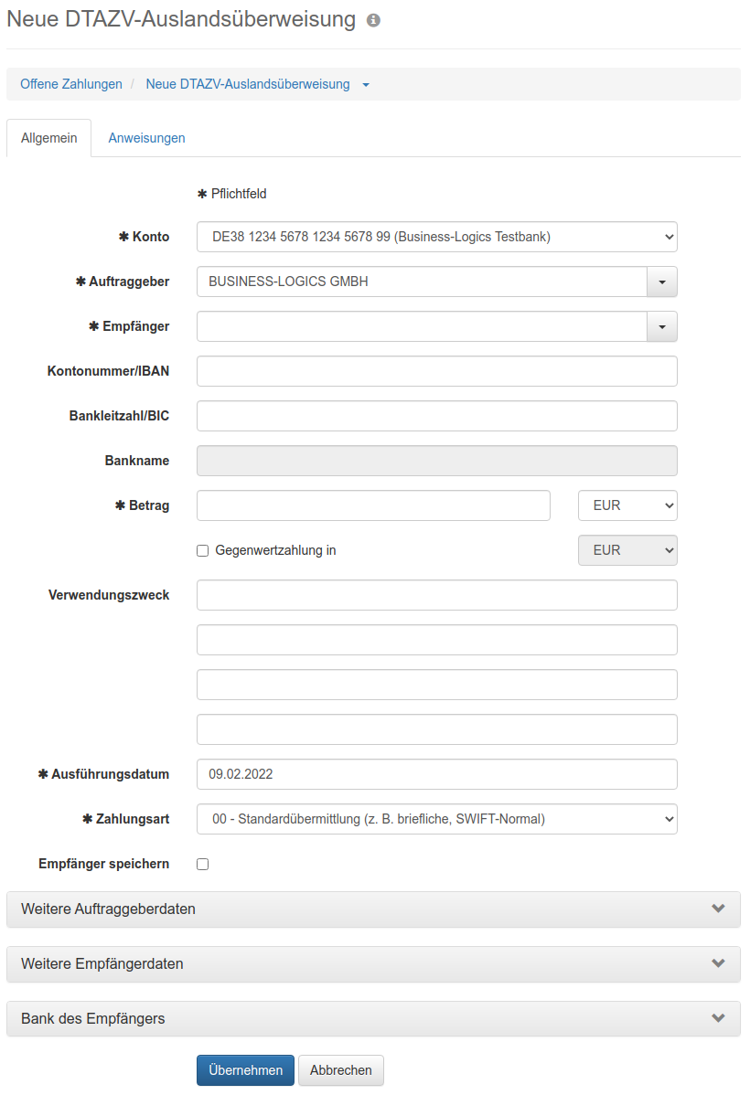 Formular zum Erfassen einer Auslandsüberweisung