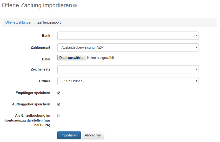 Formular zum Importieren einer Zahlung