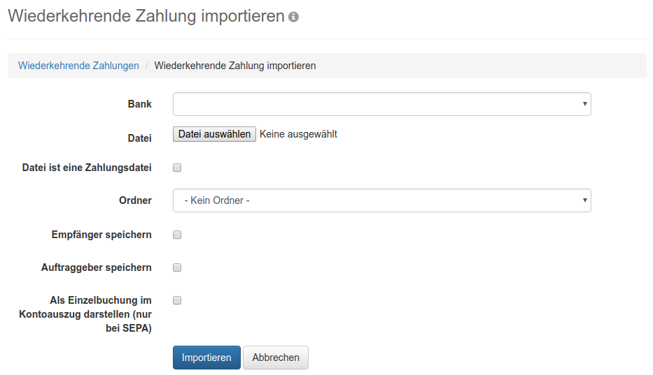 Formular zum Importieren einer wiederkehrenden Zahlung