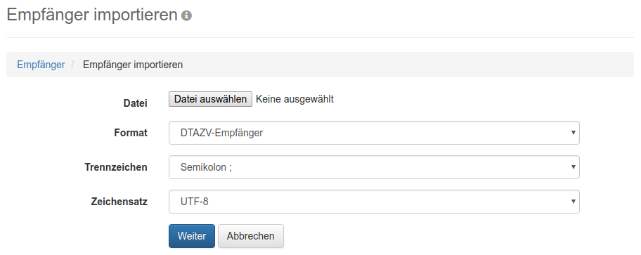 Formular zum Importieren von Empfängern