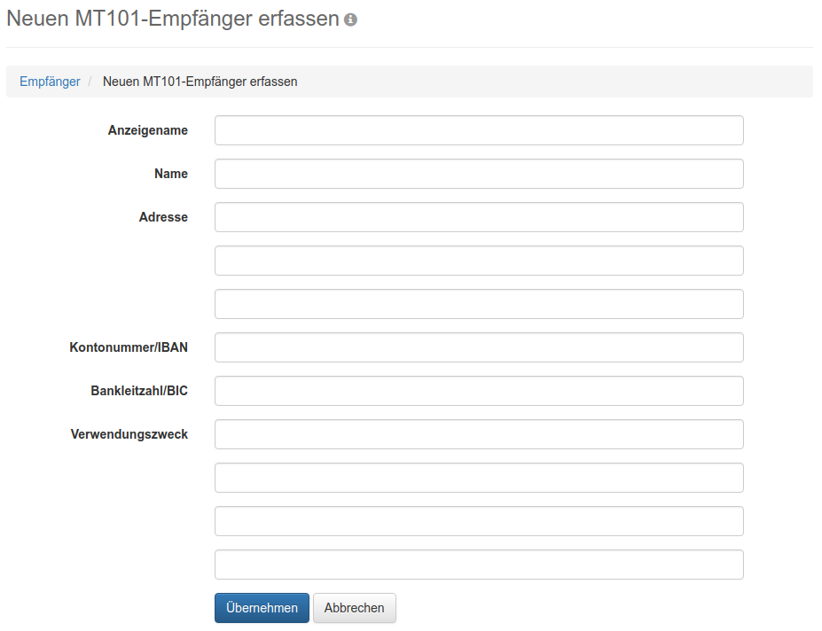 Formular zum Erfassen eines MT101-Empfängers