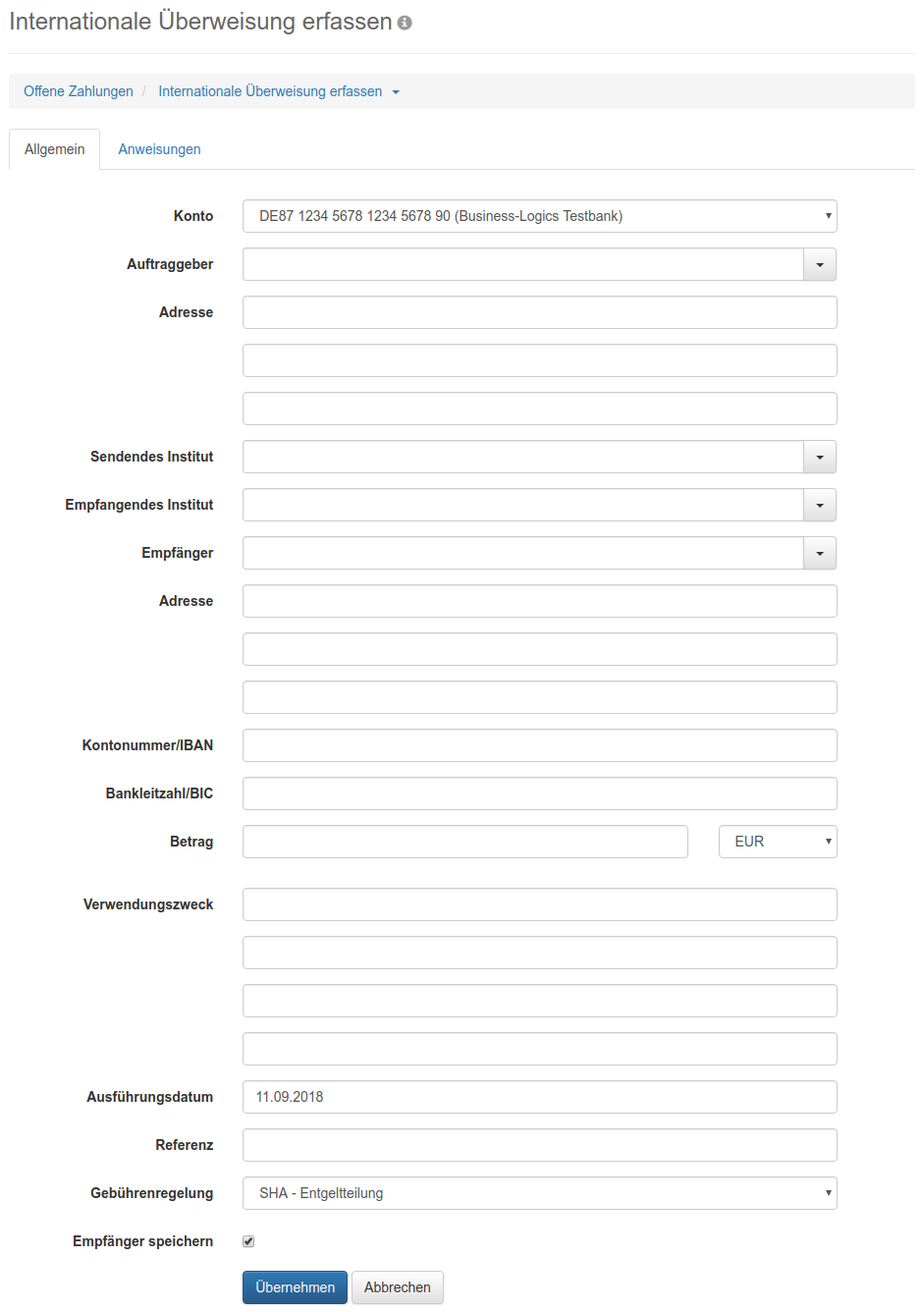 Formular zum Erfassen einer MT101-Überweisung