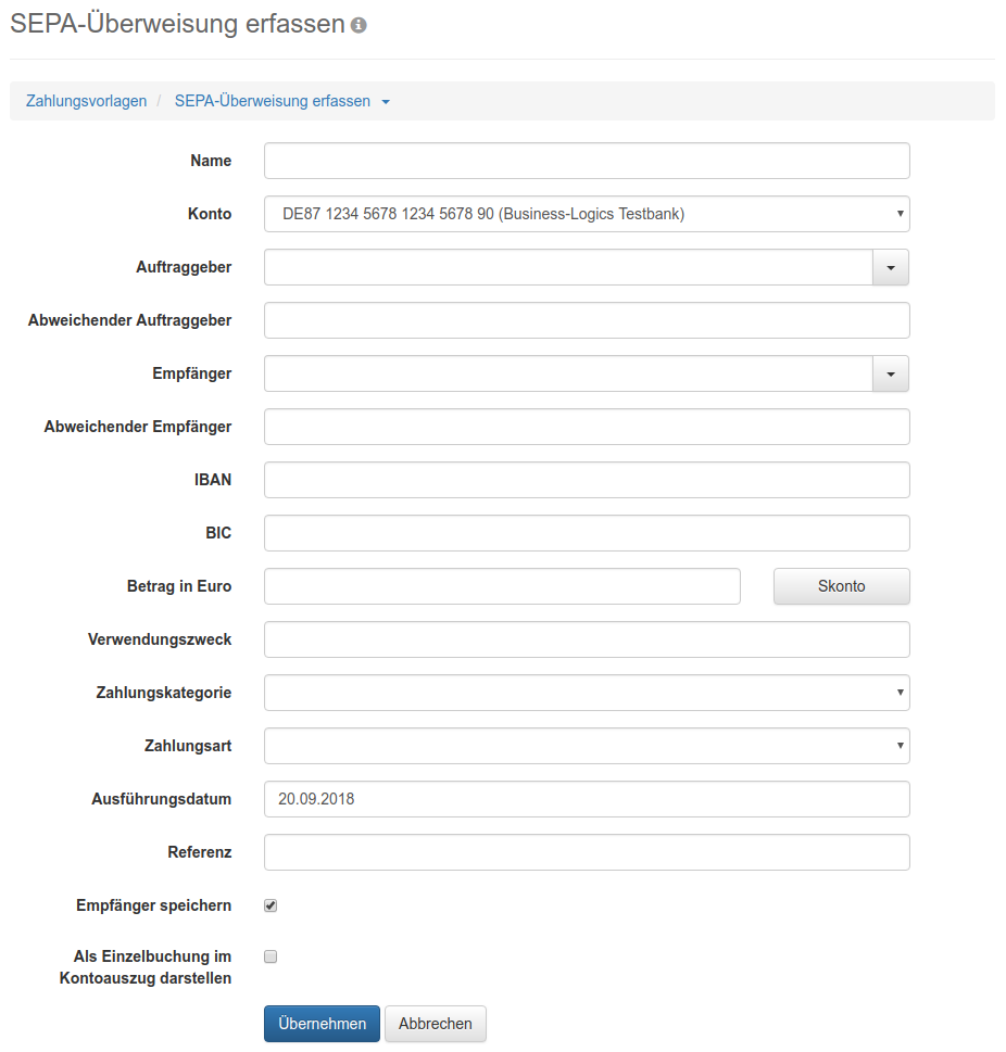 Formular zum Erfassen einer Zahlungsvorlage