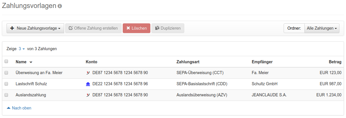 Übersicht der Zahlungsvorlagen