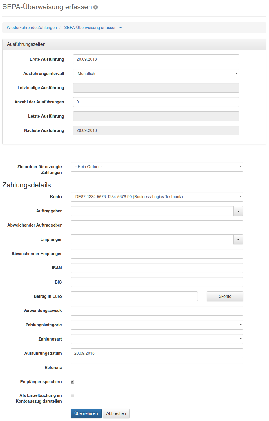 Formular zum Erfassen einer wiederkehrenden Zahlung
