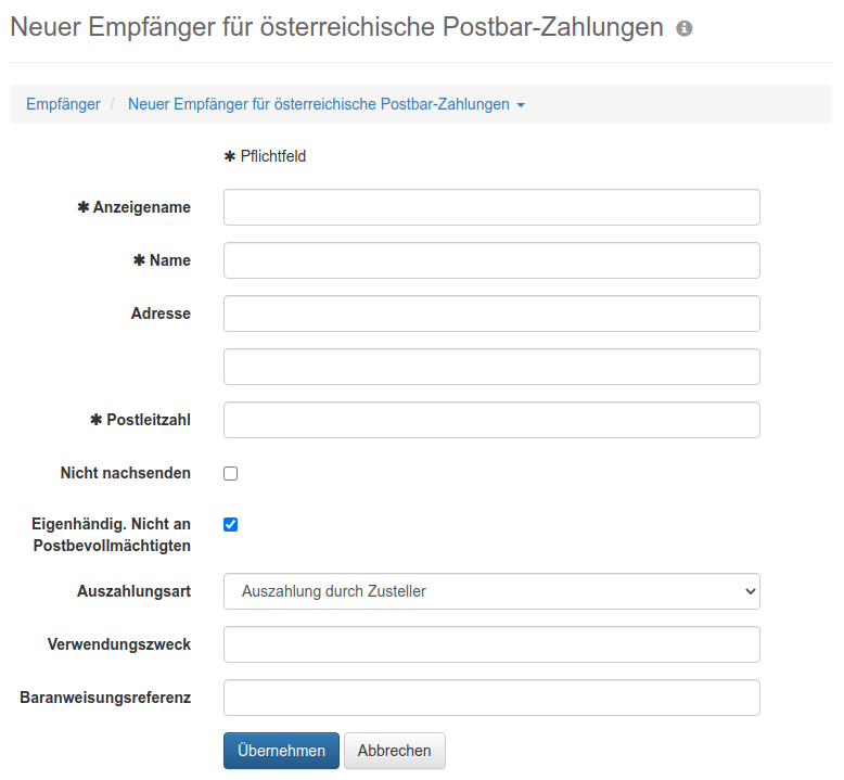 Formular für die Erfassung eines Empfängers für österreichische Postbar-Zahlungen