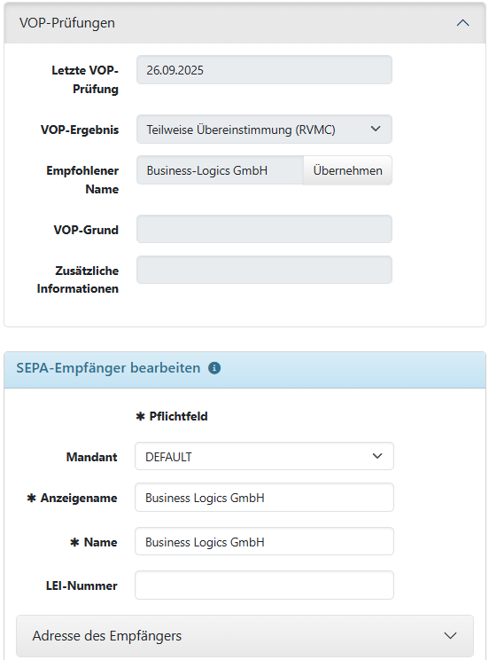 VOP-Prüfungen für SEPA-Empfänger