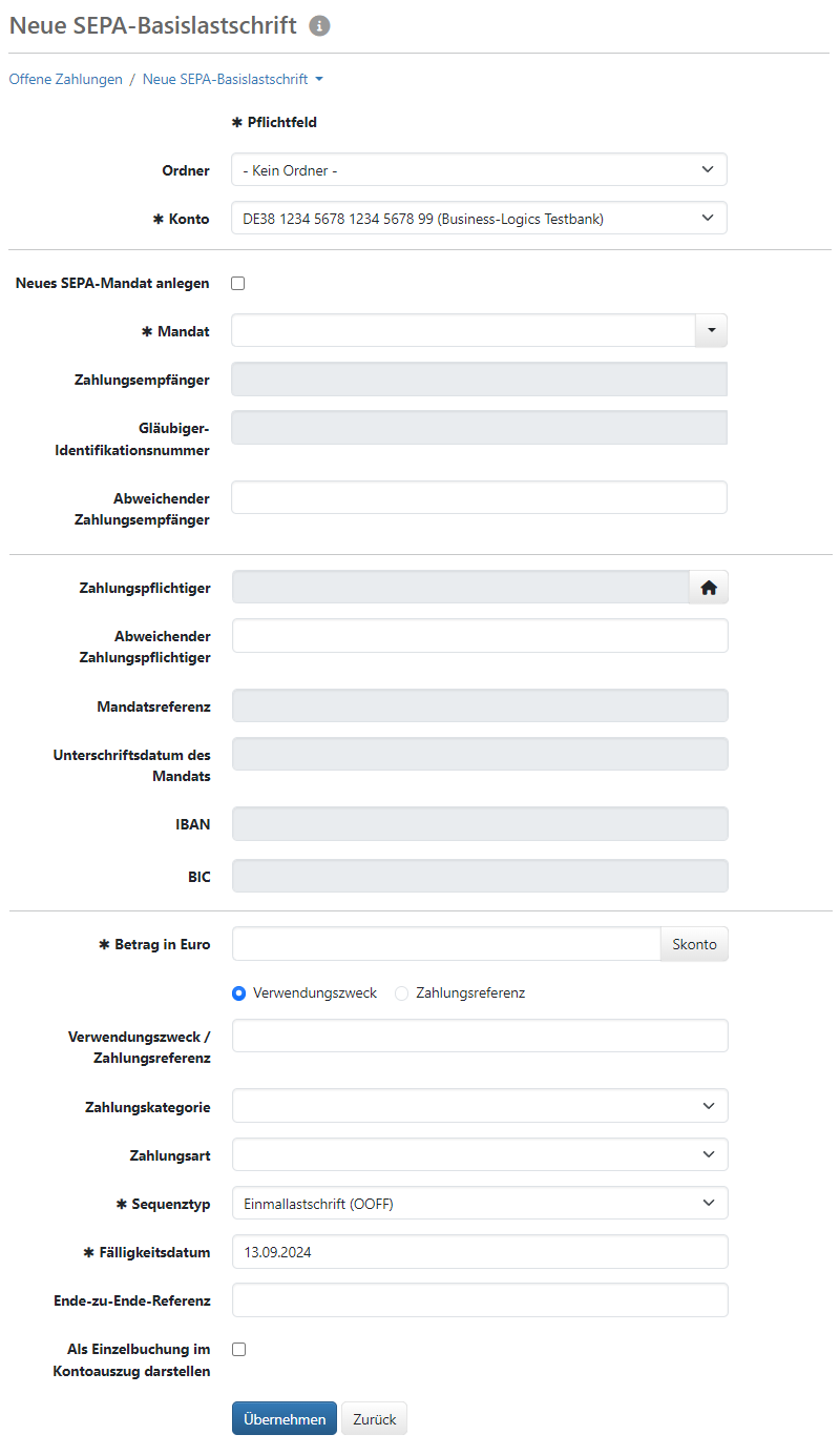 Formular zum Erfassen einer SEPA-Lastschrift