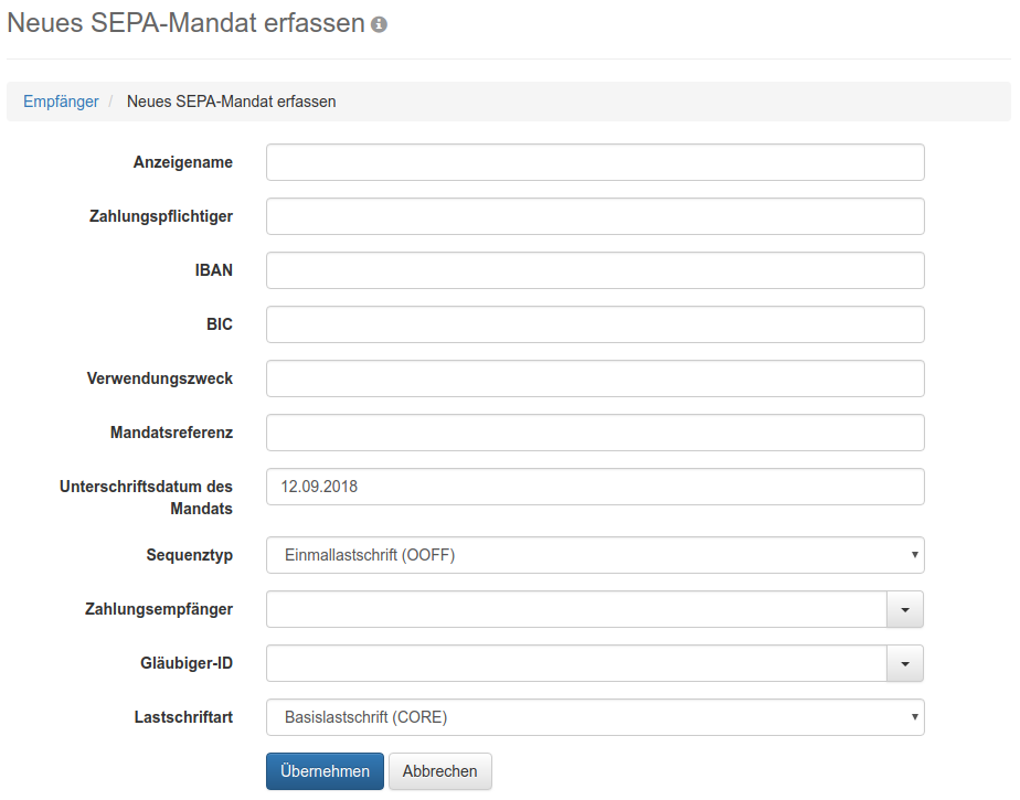 Formular zum Erfassen eines SEPA-Mandats