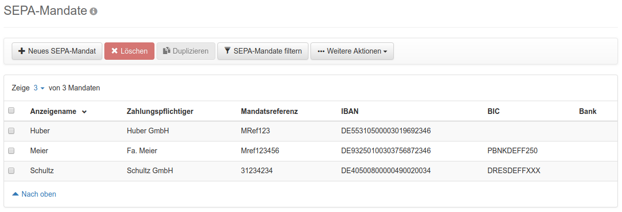 Übersicht der SEPA-Mandate