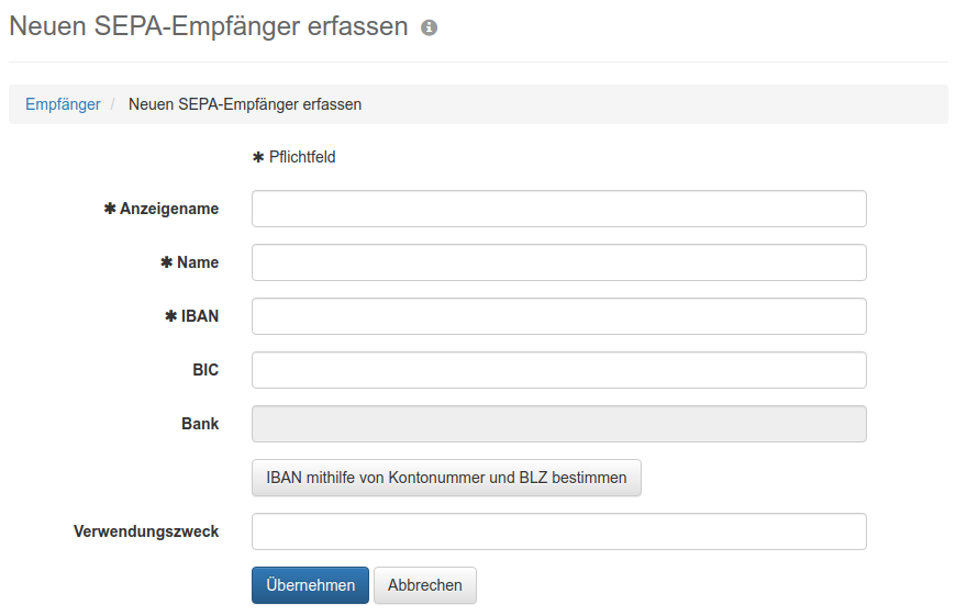 Formular zum Erfassen eines SEPA-Empfängers