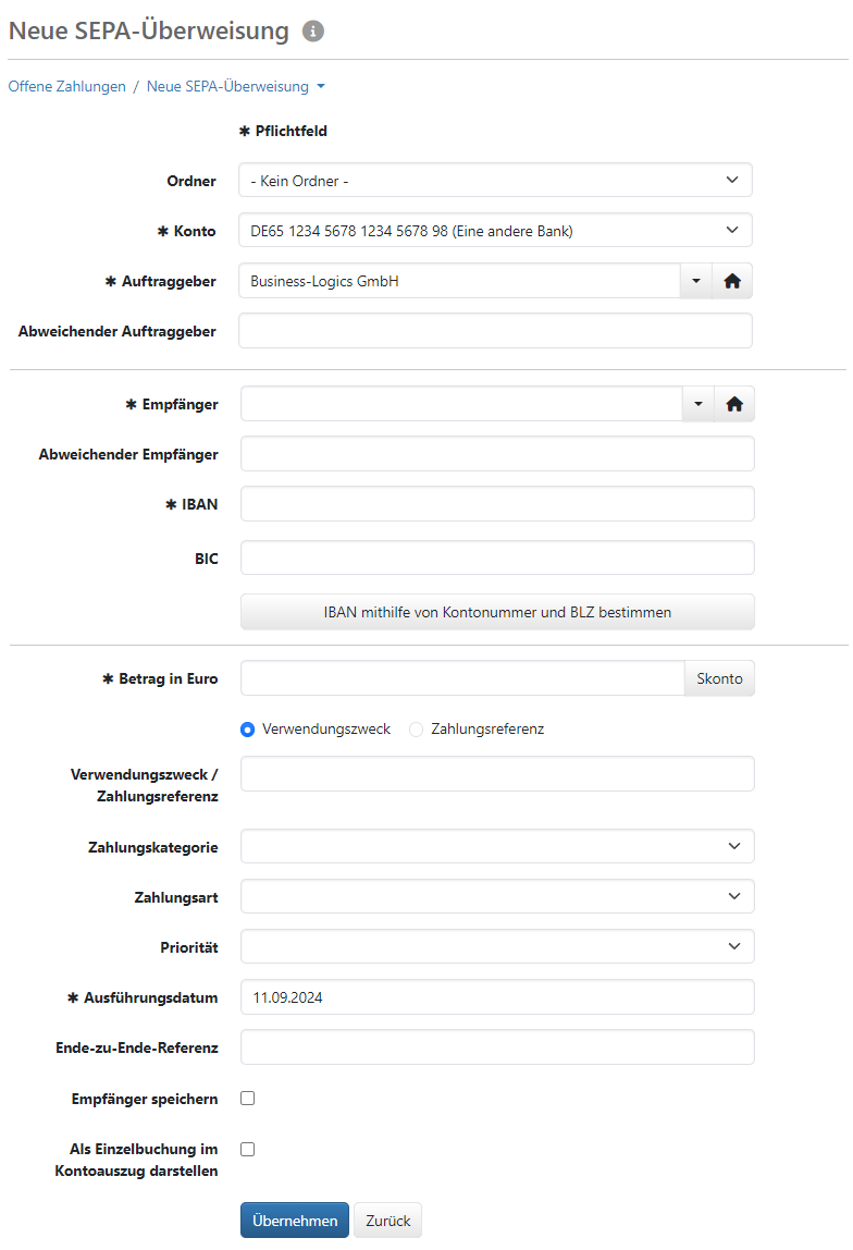 Formular zum Erfassen einer SEPA-Überweisung