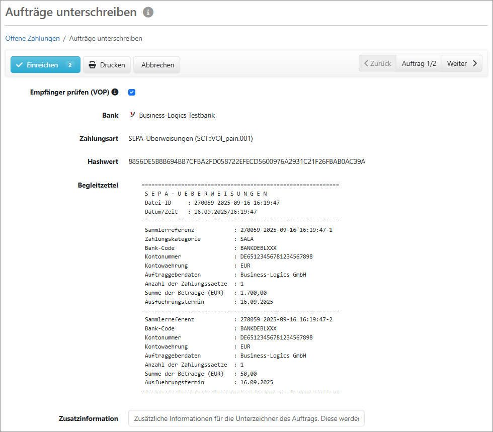 Auftrag vor dem Einreichen zur Empfängerprüfung