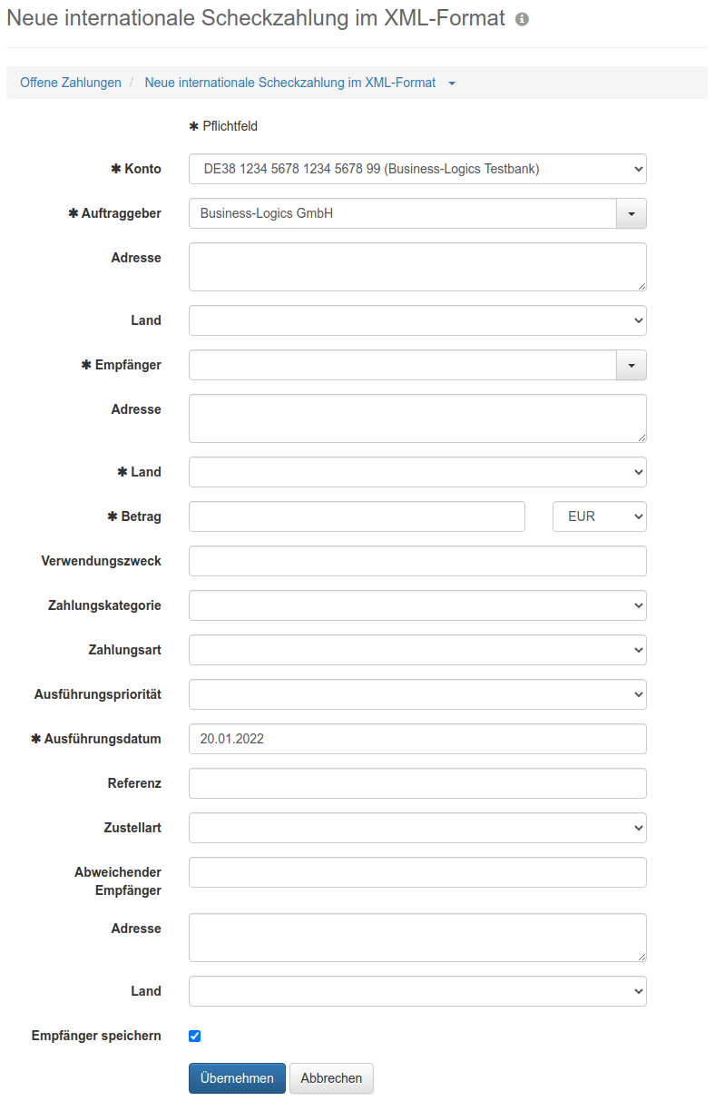 Formular zum Erfassen einer internationalen XML-Scheckzahlung