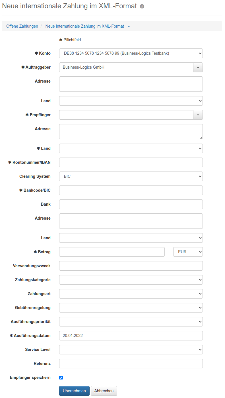 Formular zum Erfassen einer internationalen XML-Überweisung