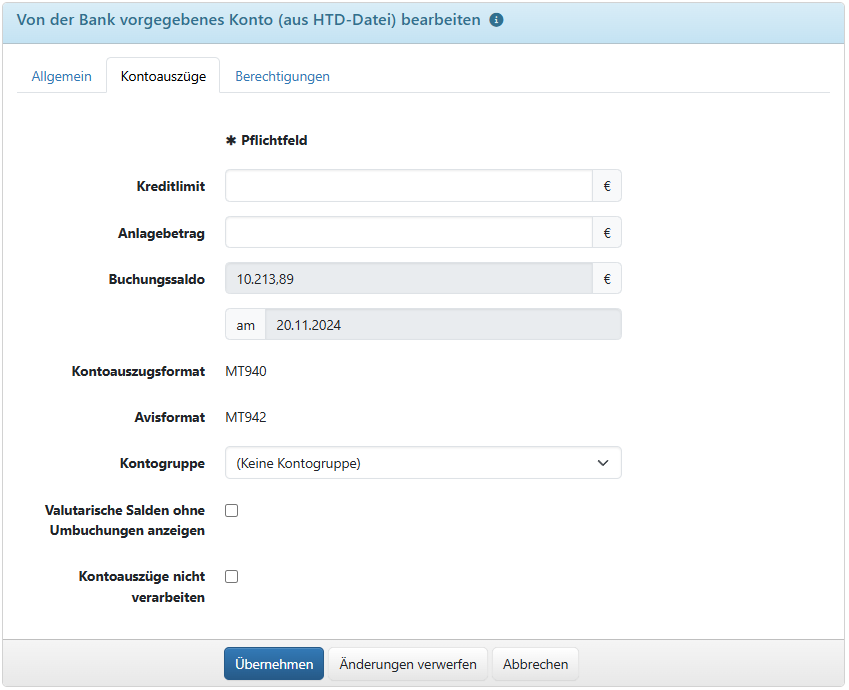 Einstellungen für Kontoauszüge (hier: von der Bank vorgegebenes Konto)
