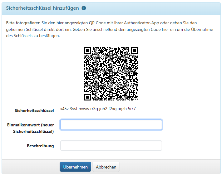 Hinzufügen eines Sicherheitsschlüssels mit Authenticator-App