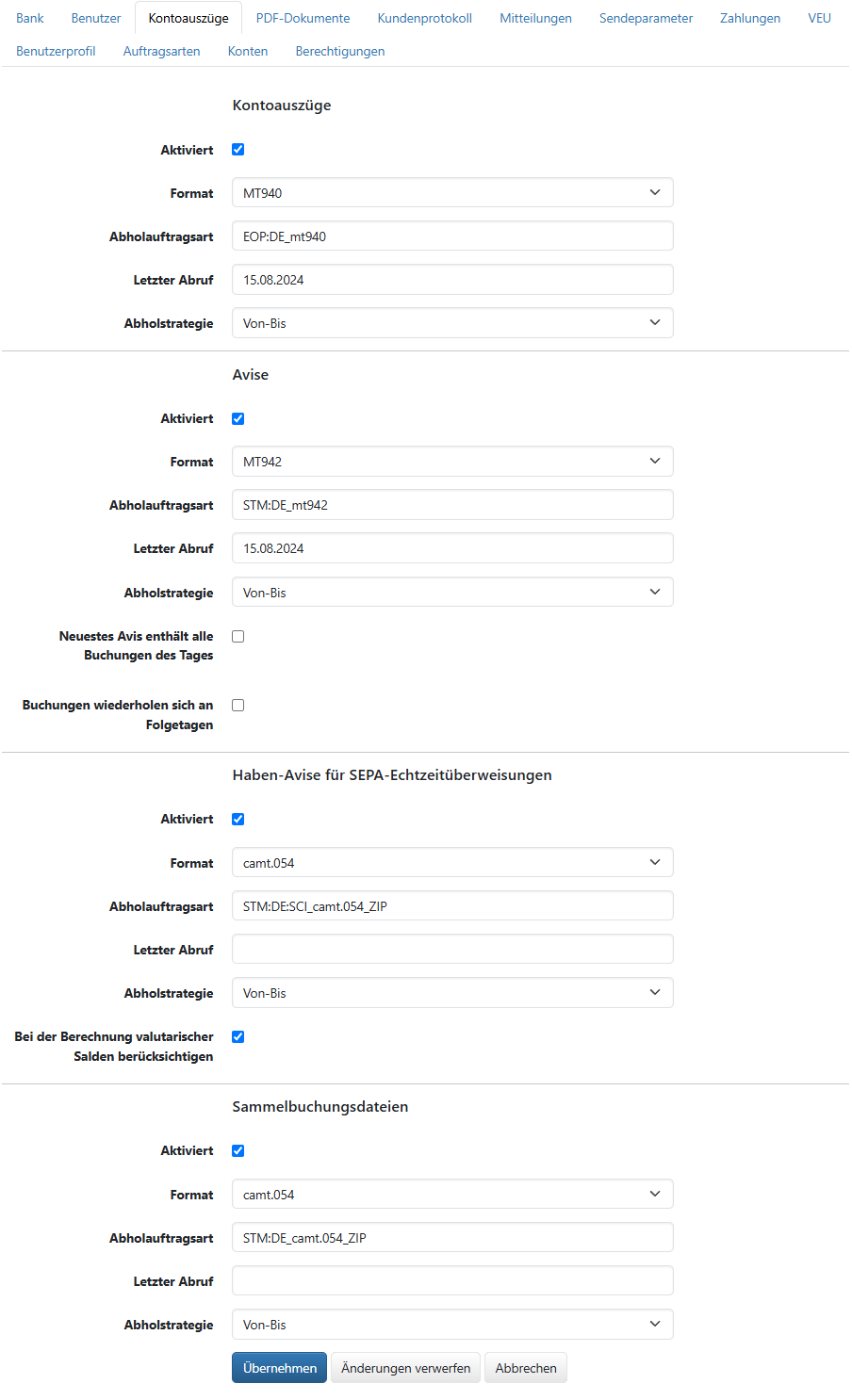 Einstellungen für Kontoauszüge (im Bearbeitungsmodus)