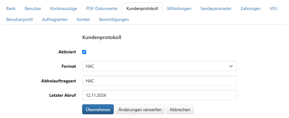 Einstellungen für das Kundenprotokoll (im Bearbeitungsmodus)