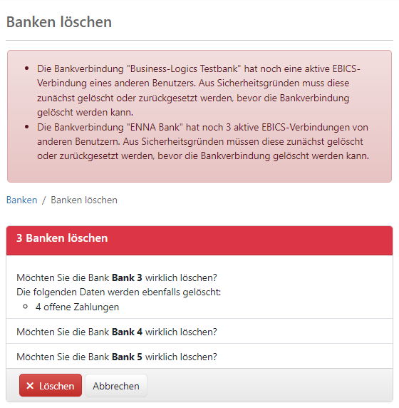 Bestätigung des Löschens einer Bank mit Fehlermeldungen