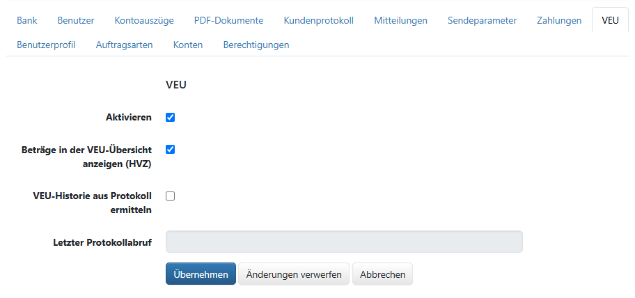 Einstellungen für die VEU (im Bearbeitungsmodus)