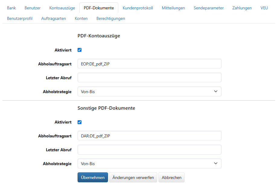 Einstellungen für PDF-Kontoauszüge (im Bearbeitungsmodus)
