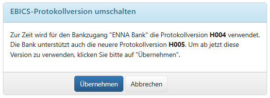 Umschalten der EBICS-Protokollversion, hier: Hochschalten auf die aktuelle Version