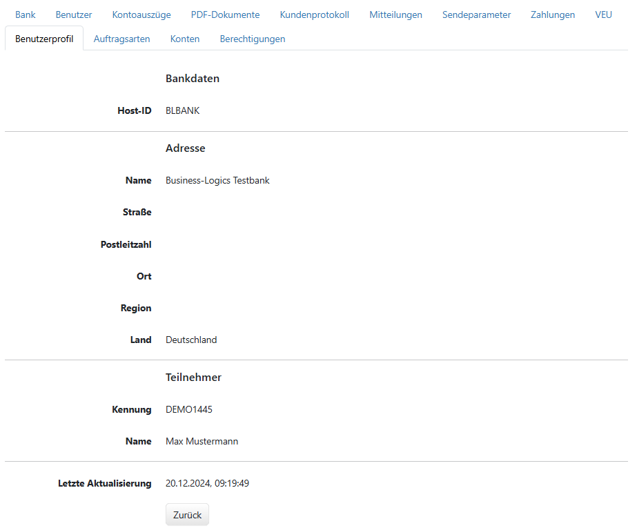 Bank- und Teilnehmer-Informationen im Benutzerprofil