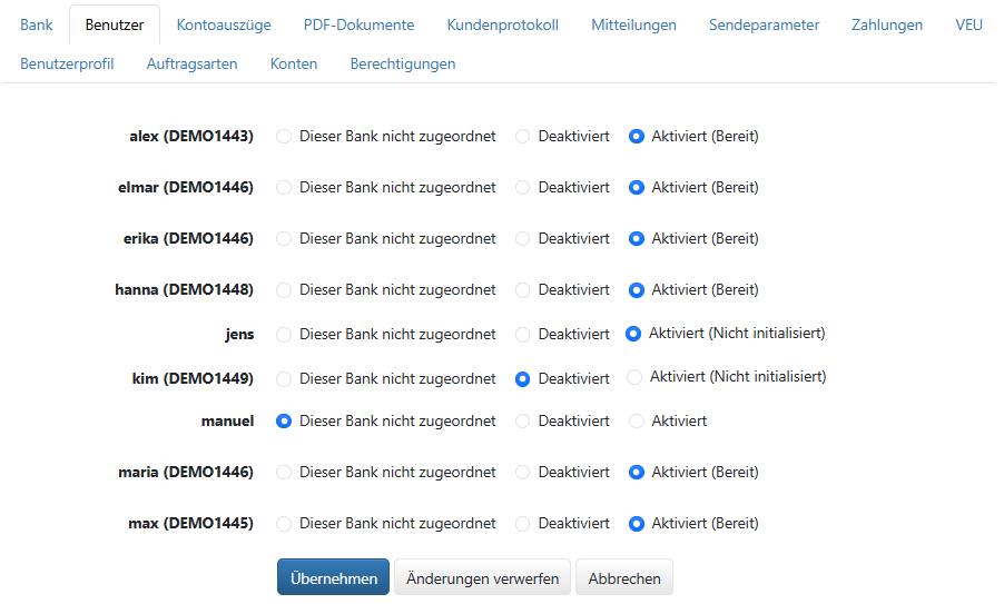 Liste der Benutzer (Administratorsicht im Bearbeitungsmodus)