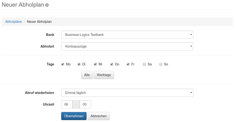 Formular zum Anlegen eines Abholplans