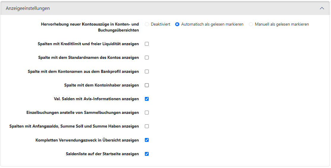 Benutzervorgaben für die Anzeige von Kontoinformationen