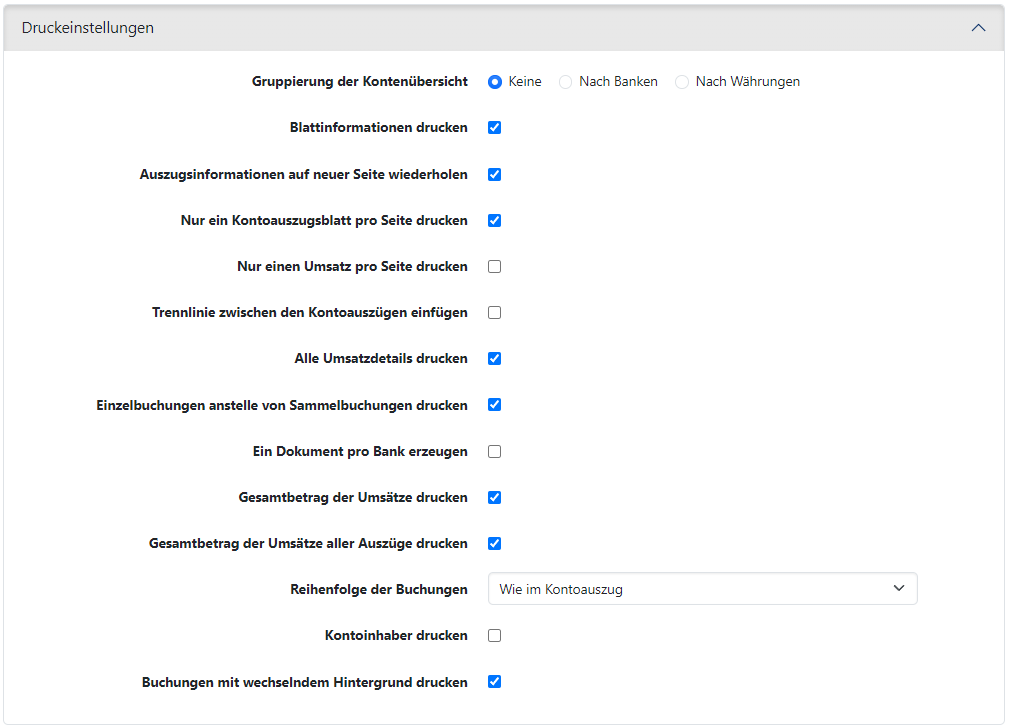 Benutzervorgaben für den Druck von Kontoinformationen