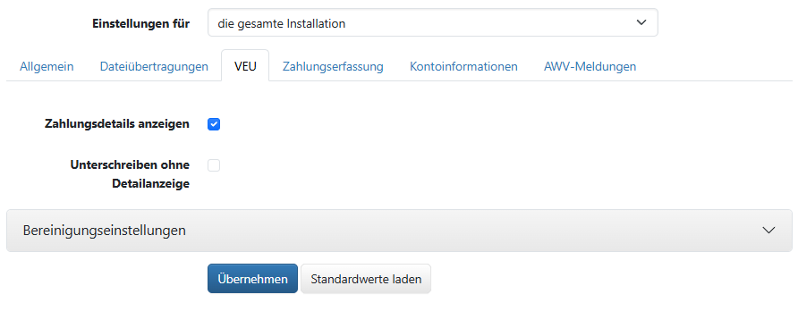 Systemeinstellungen für die VEU